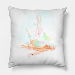 Easter, bird, nest, eggs, flower, holiday, family, forest, floral, spring, nature, painting, art, watercolor Pillow