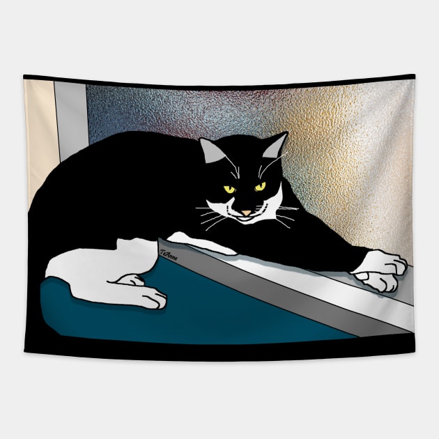 CUTE Tuxedo Cat resting on the window sill  Copyright TeAnne Tapestry by TeAnne