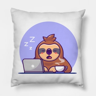 Sleepy Sloth With Laptop And Coffee Pillow