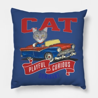 Humorous Funny and Cute gray Tabby kitty cat driving a vintage classic car to a parade with red white and blue flags Pillow