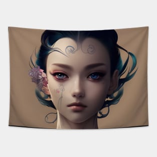 Beaux Animes Art, Beautiful Anime tattoo Girl with blue eyes Illustration Design Tapestry