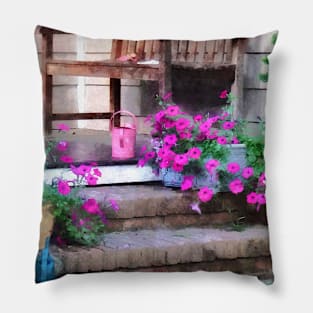 Pink Petunias and Watering Cans Pillow