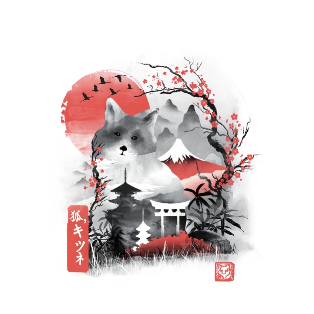 Japanese Fox Watercolor by DANDINGEROZZ