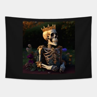 Skeleton in garden with golden crown happy Tapestry