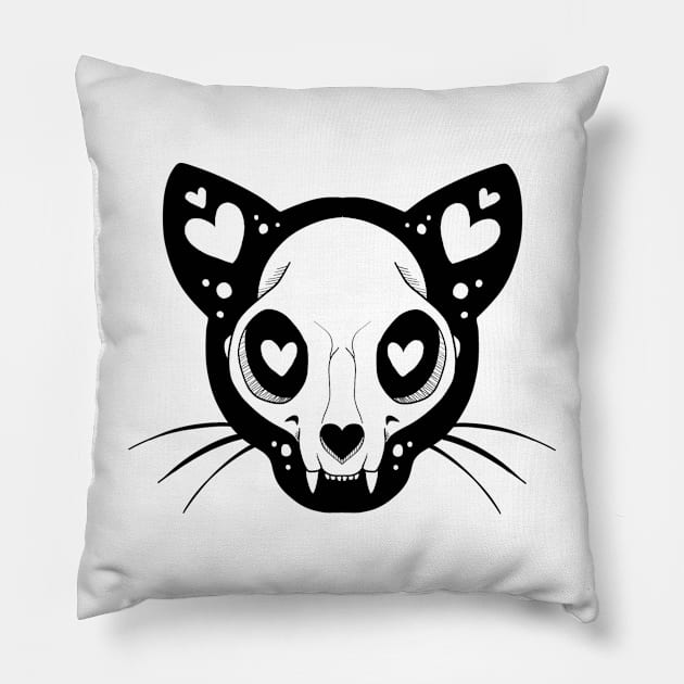 Skull kitty Pillow by Jurassic Ink