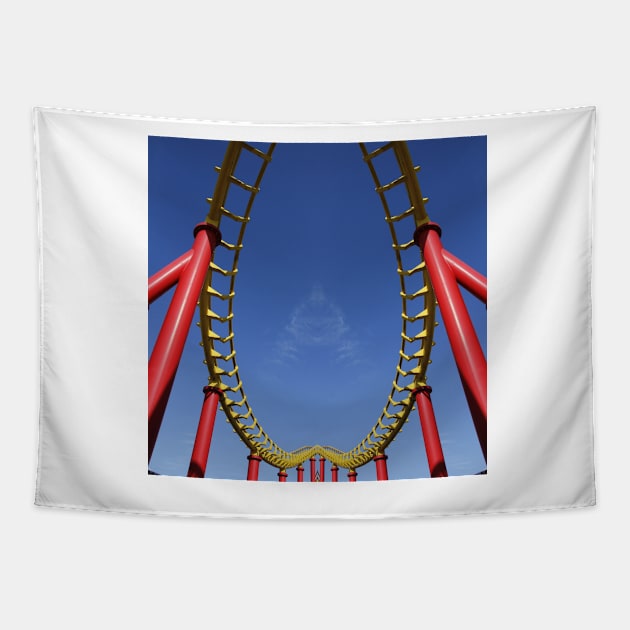 vivid red roller coaster on clear cloudless blue sky background structural 3D illustration design Tapestry by mister-john