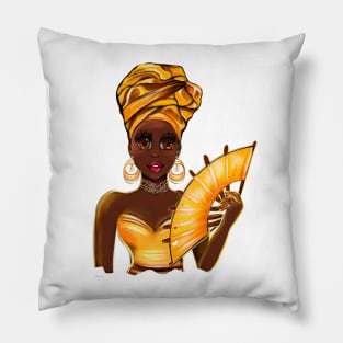 Queen Black is beautiful Anime Manga black girl with Gold headscarf, necklace, earrings, gold dress and head wrap, brown eyes and dark brown skin ! Pillow