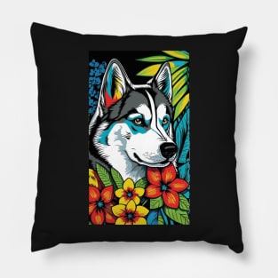 Husky Dog Vibrant Tropical Flower Tall Retro Vintage Digital Pop Art Portrait Pillow