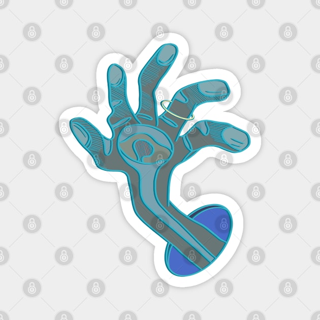 Weird abstract hand drawing coming out of a blue hole in light blue and brown colors Magnet by DaveDanchuk