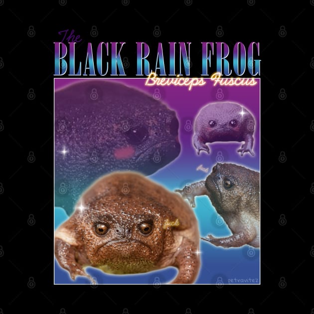 Black rain frog fan t-shirt retro style by Petra Vitez