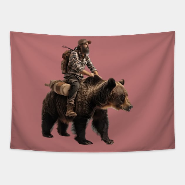 men and grizzly bear Tapestry by TrvlAstral