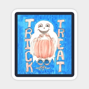 Trick or Treat Ghosty with Pumpkin Pail on Blue Background Magnet