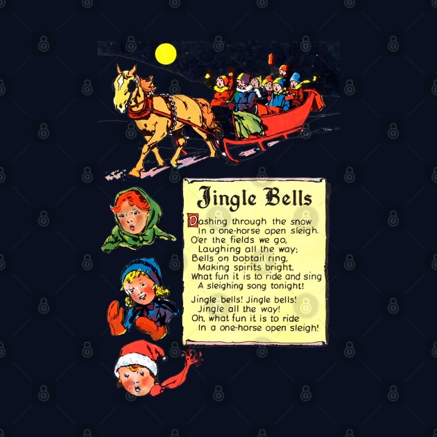 Jingle Bells Marry Christmas horse with sleigh in the snow under the moon Retro Vintage Comic by REVISTANGO