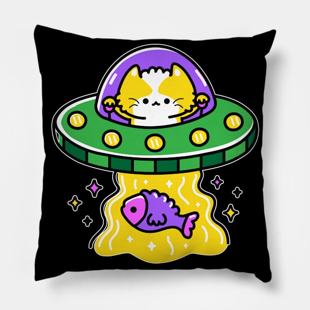 Alien Cat - Funny UFO Abduction Space Joke Cat Flying Saucer Pillow by YouareweirdIlikeyou