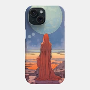 a person in a red robe looking at a large moon Phone Case