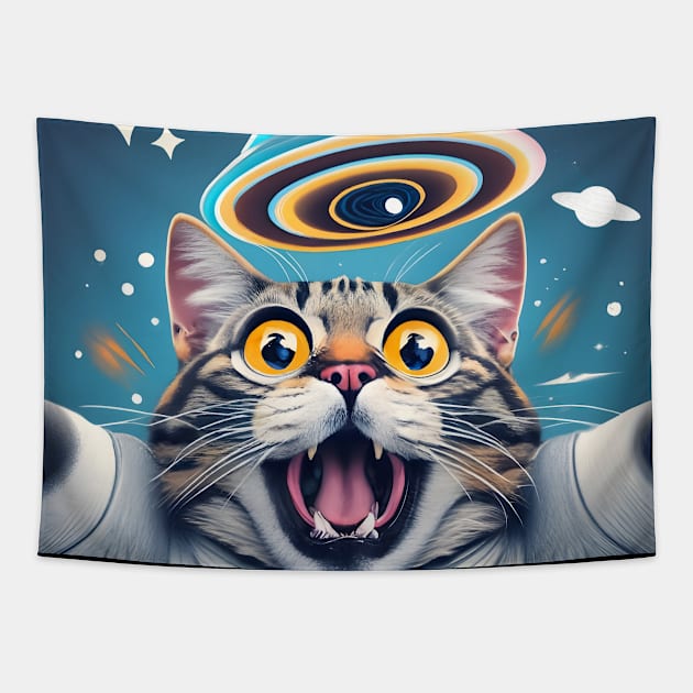 Cat Selfie With UFO Tapestry by Teewyld