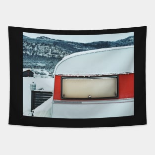 Snow-Covered Caravan in Frozen Winter Landscape in Scandinavia Tapestry