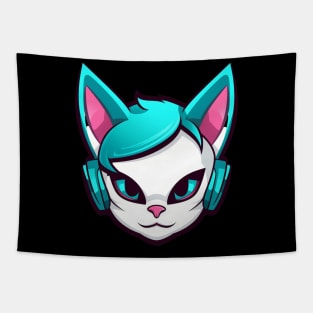 Cartoon Cat with Headphones Tapestry