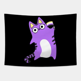 Nonbinary Pride Flag Waving Purple Cat Queer LGBTQIA non binary Tapestry