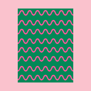 Wavy, Squiggly Lines, Pink on Green T-Shirt