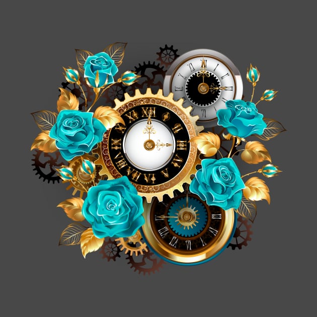 Steampunk Striped Background with Clock and Turquoise Roses by Blackmoon9