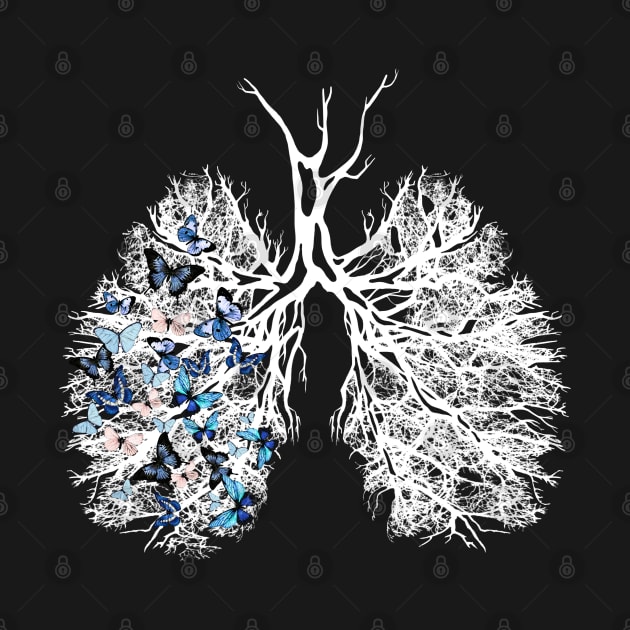 White Trees Lungs like branches, left lung with tree branches and blue butterflies by Collagedream