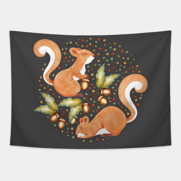 Acorn Foraging Red Squirrels Tapestry by PerrinLeFeuvre