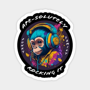 Baby Monkey Wearing Headphones - white font Magnet