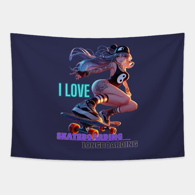 Kawaii, Anime Girl, I Love, Skateboarding & Longboarding Tapestry by Catsie Cat