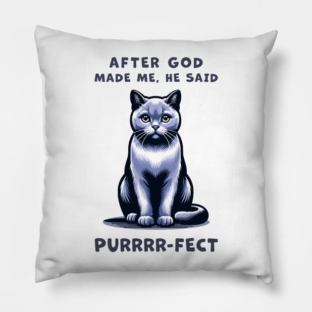 Grey cat funny graphic t-shirt of cat saying "After God made me, he said Purrrr-fect." Pillow by Cat In Orbit ®