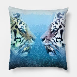 ✪ Tiger Brothers ✪ Mirror Universe Abstract Animal Art / Exotic Blue Kings Pillow