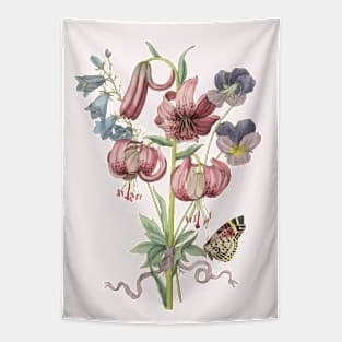 Lily Flower Bouquet with Butterfly Vintage Botanical Illustration Tapestry