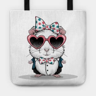 Guinea pig print design wearing heart-shaped sunglasses and bow tie with polka dot headband, cute cartoon style Tote