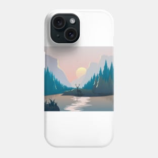 Landscape illustration with a deer, river, spruce forest and mountains at sunset Phone Case