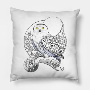 Snowy Owl Doodle in a blue wintery scene Pillow