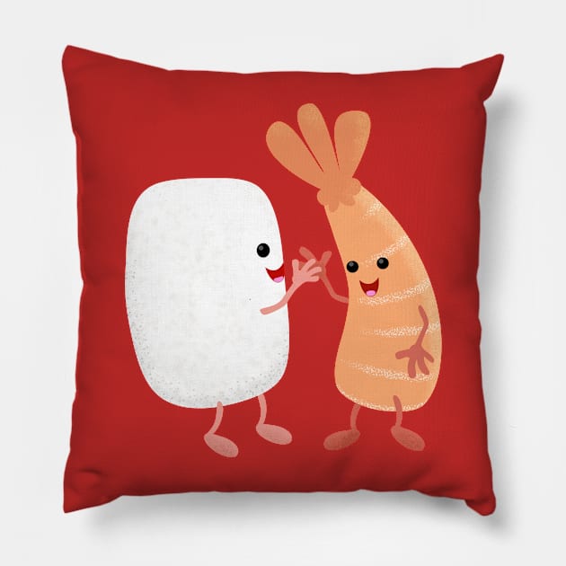 Cute sushi rice prawn friends cartoon Pillow by FrogFactory