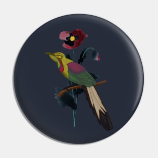 Poppy flower and bird Pin