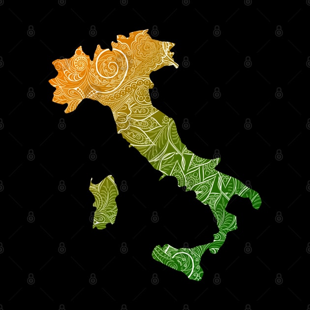 Colorful mandala art map of Italy with text in green and orange by Happy Citizen