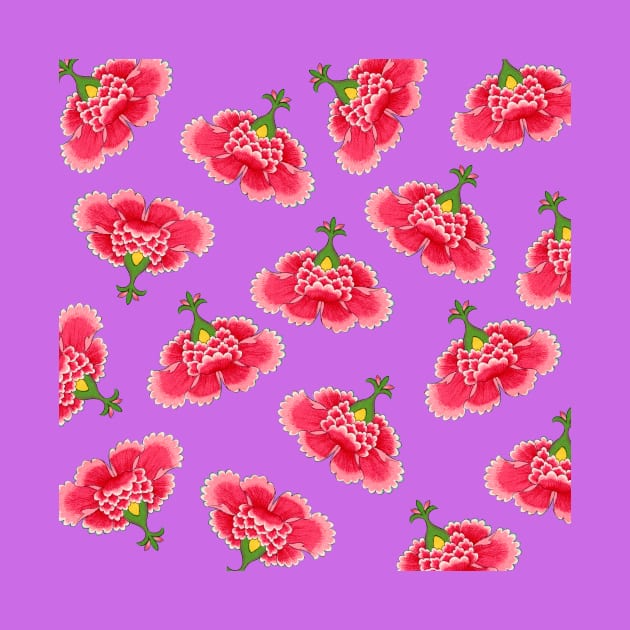 Chinese Vintage Pink and Red Flowers with Light Purple- Hong Kong Traditional Floral Pattern by CRAFTY BITCH