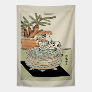 Cat pawing at goldfish Tapestry