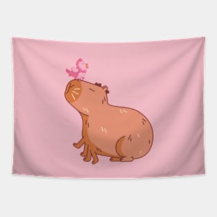 Capybara with a pink bird, a parody of AI art Tapestry