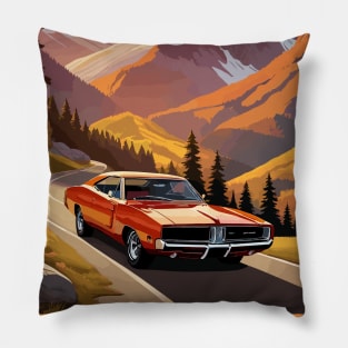 Classic American Orange Charger Muscle Car Pillow