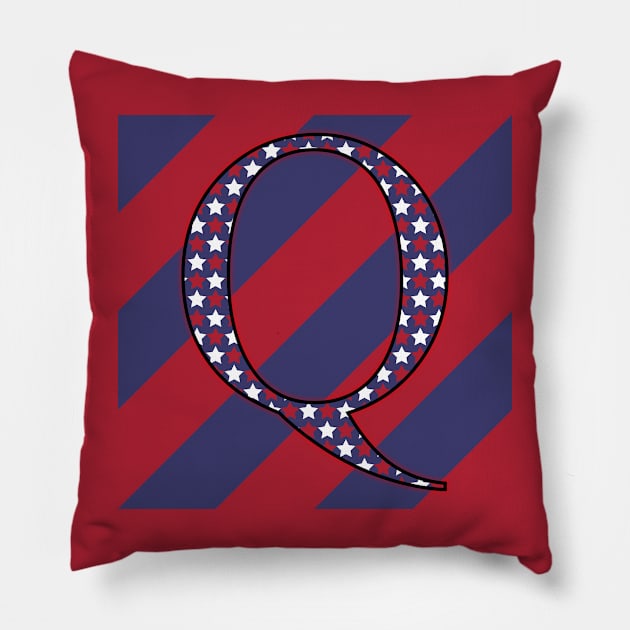Old Glory Letter Q Star-Filled Black Outline on Red and Blue Stripes Pillow by ArtticArlo