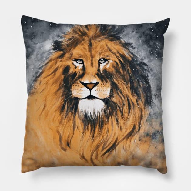 Wild lion grey black space and stars Pillow by SisiArtist