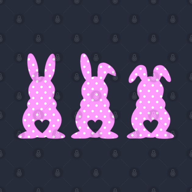 Three Easter Bunnies with Heart Shaped Tails Pink Polkadots by deelirius8