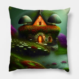 Sparkling Fantasy Cottage with Lights and Glitter Background in Forest, Scenery Nature Pillow