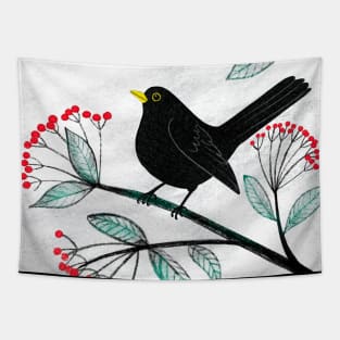 Blackbird in the Snow - Traditional Christmas scene by Cecca Designs Tapestry