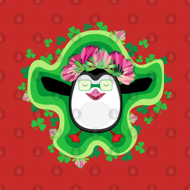 Penguin in a wreath of clover flowers by IrinkaArt