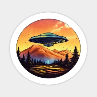 UFO flying over the mountains Magnet