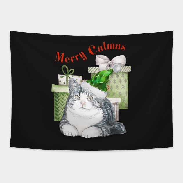 Merry Catmas Cute Cat In Green Santa Hat Tapestry by JanesCreations